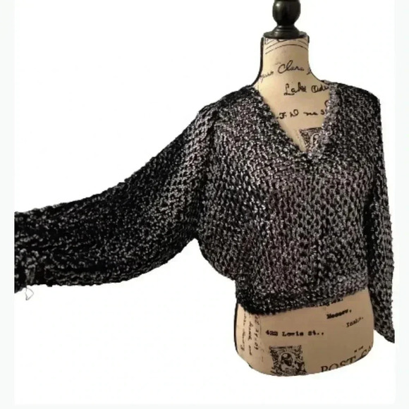 Vintage three FLAGGS SILVER BLACK SEQUIN KNIT MESH B NECK SLOUCH TOP - Picture 3 of 13
